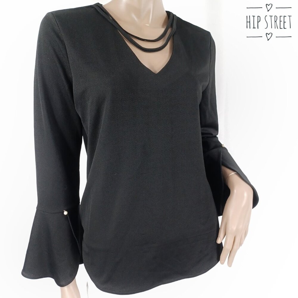 THE LIMITED V Neck With Bands Pearl Accent Split Flutter Wrists Blouse S NWT